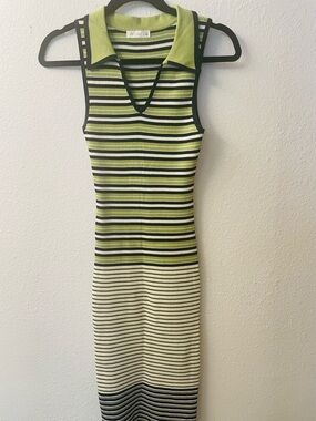 Striped Sleeveless Polo Knit Dress in Lime/Black